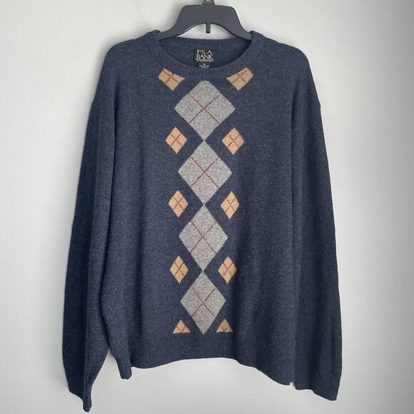 Jos A Bank Lambswool Sweater Men's XL Blue Gray Tan Argyle Crew Neck Preppy - Picture 1 of 10